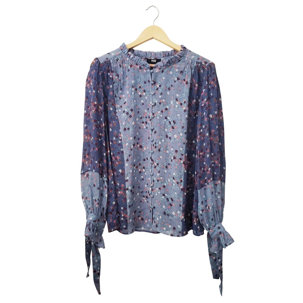 PAIGE Dorothy Floral Print Silk Blouse Blue Size Large